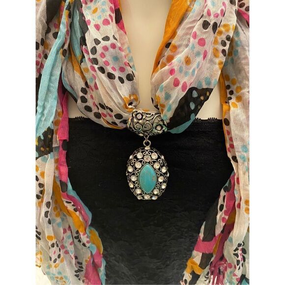 Beautiful Multicolored Scarf With Turquoise Silver Bling Embellishment - Picture 1 of 9